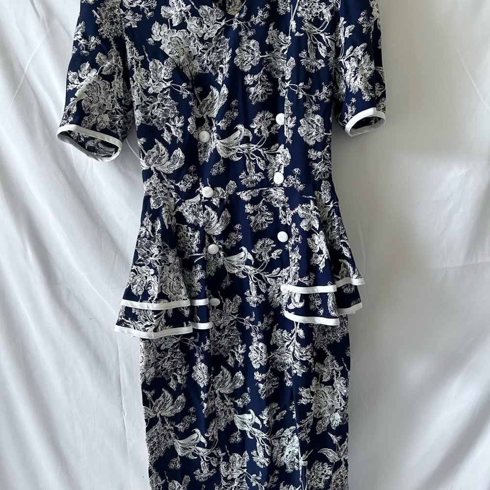 Blue and White Peplum Midi Dress with Cuffed Sleeves Vintage
